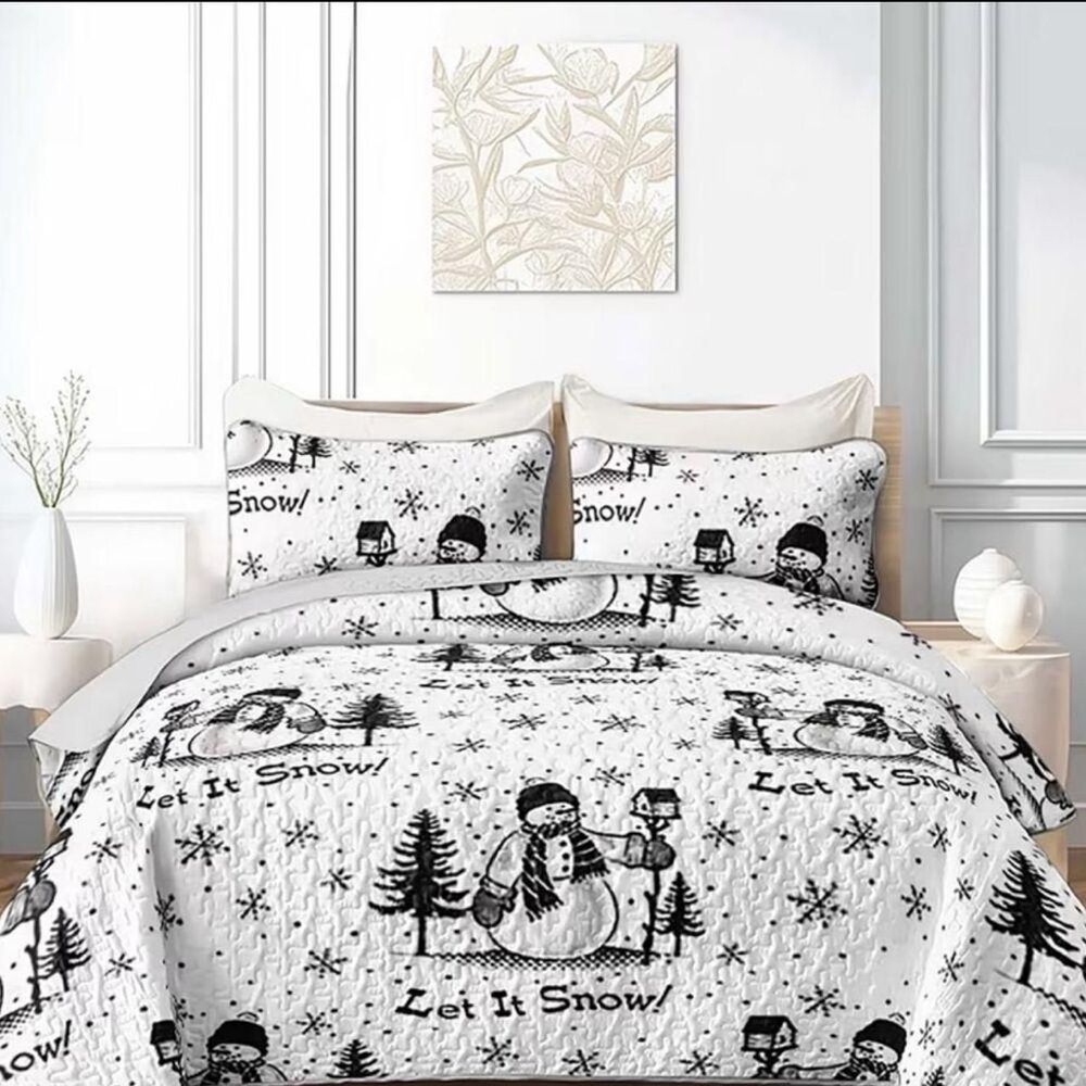Cozy bedding set with snowman design.